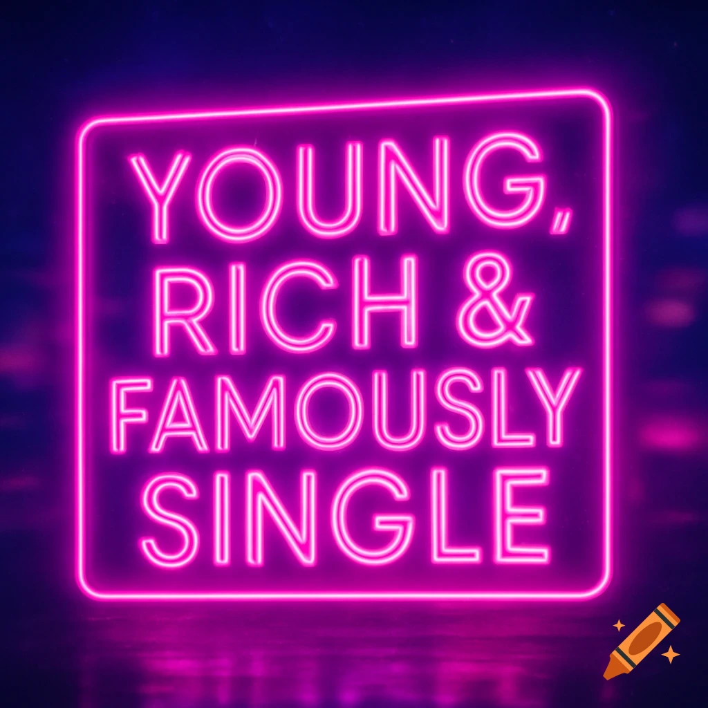 A vibrant pink neon sign displays the words "YOUNG, RICH & FAMOUSLY SINGLE" framed in a rectangle, against a blurred dark background.
