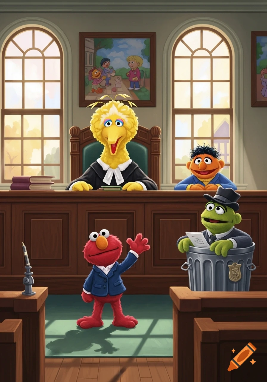 Big Bird as a judge, Elmo in a suit pleading his case, and Oscar the Grouch as bailiff in a cartoon courtroom.