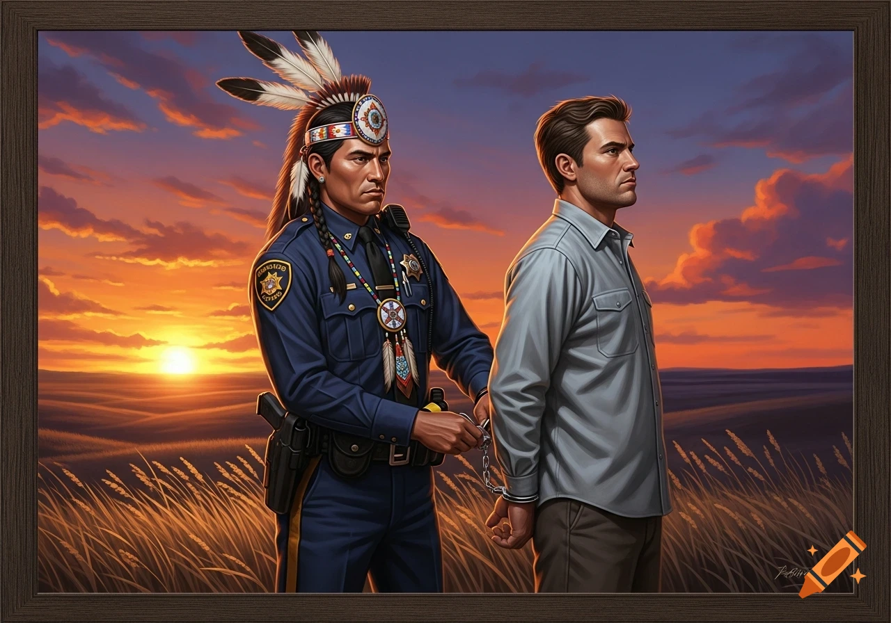 An Indigenous police officer wearing a traditional feathered headpiece arrests a white man in handcuffs during a sunset in a grassy field.