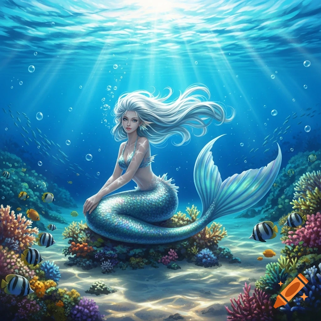 A beautiful mermaid with long white hair sits on a colorful coral formation in a vibrant underwater scene with fish and sunlight streaming from above.