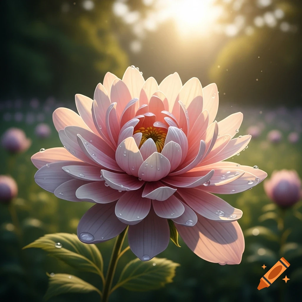 Close-up of a soft pink flower with glistening water droplets, illuminated by bright sunlight in a lush green garden.