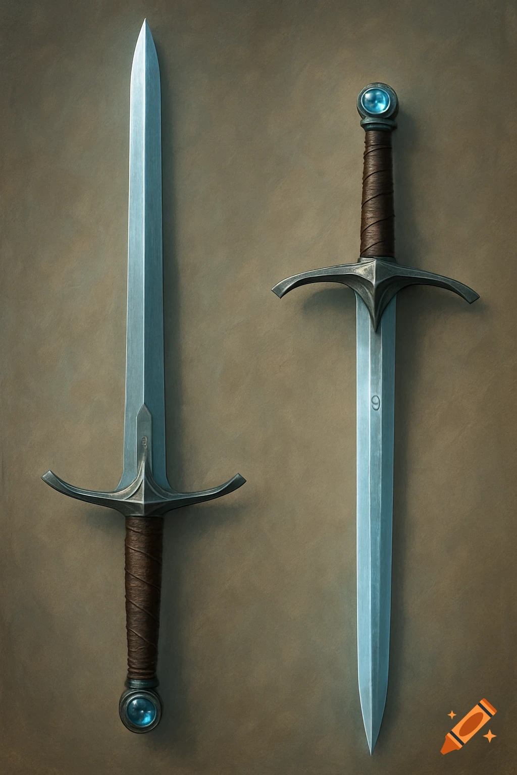Two fantasy longswords with leather grips and blue pommel gems against a brown background, one forward-grip, one reverse-grip.