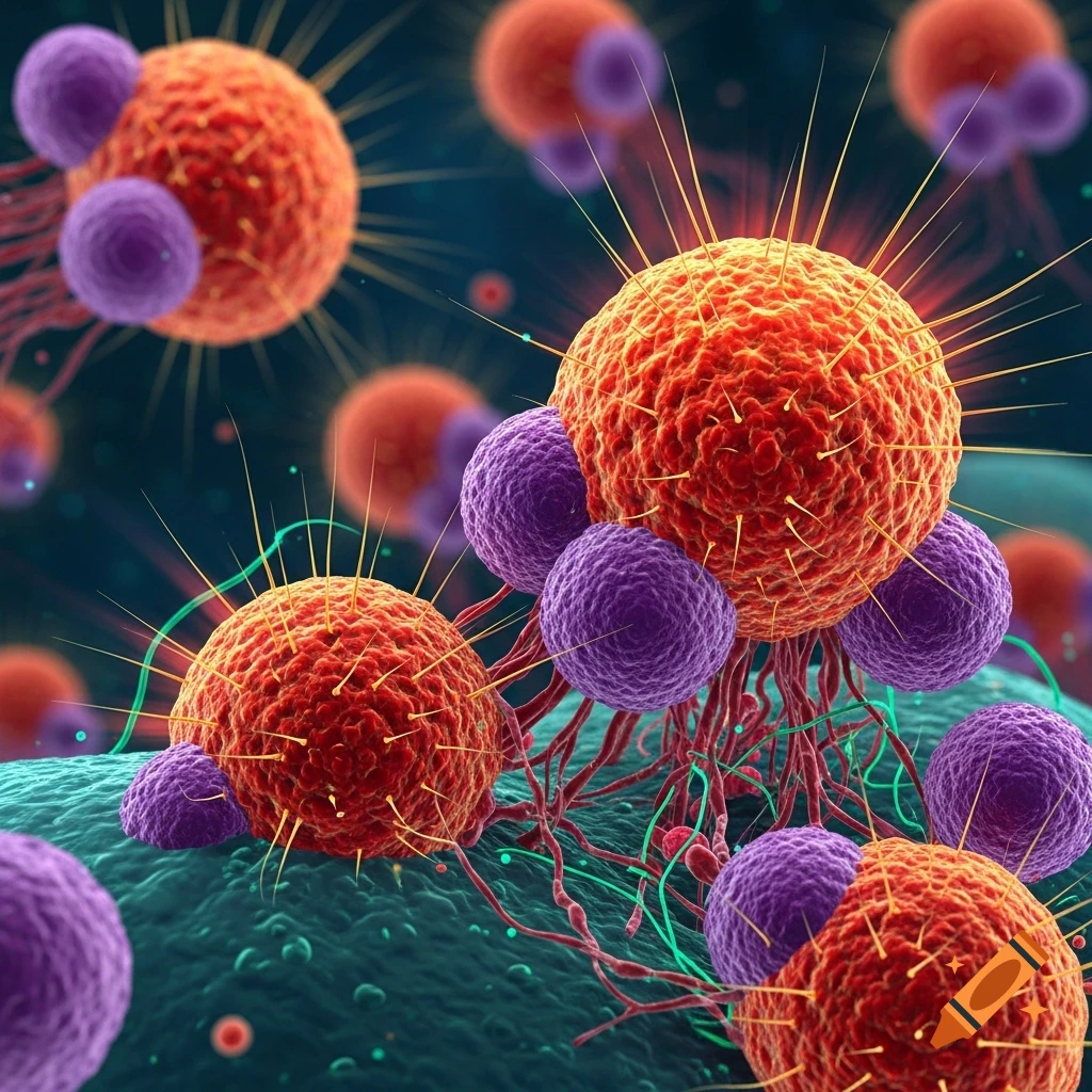 Detailed microscopic view of spiky red spheres and smooth purple spheres connected by tendrils on a textured teal background.