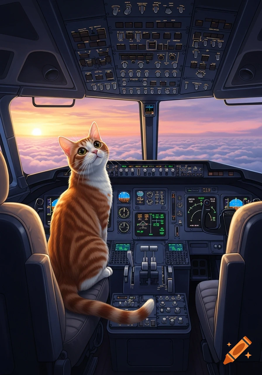 An orange and white tabby cat sits in an airplane cockpit, looking up at a sunset sky filled with clouds.