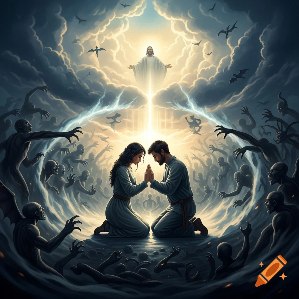 A man and woman kneel in prayer as light streams down from a divine figure in the clouds above, surrounded by menacing dark spirits and demons reaching out.