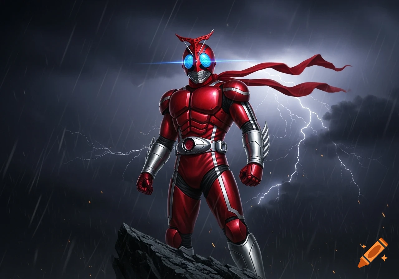 Kamen Rider Kabuto in a metallic red and silver suit stands on a rock under a stormy, lightning-filled sky.