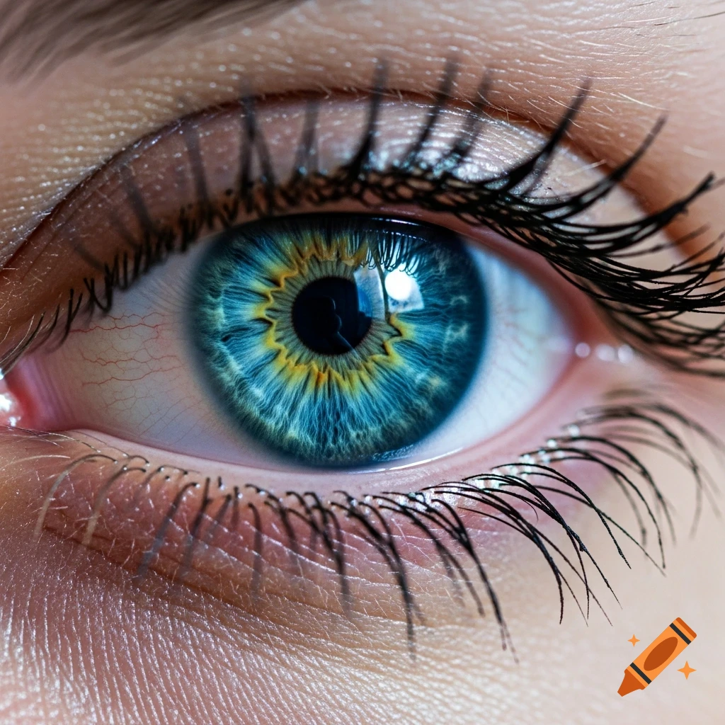 Photorealistic close-up of a vibrant blue-green eye with long black eyelashes and visible skin texture.