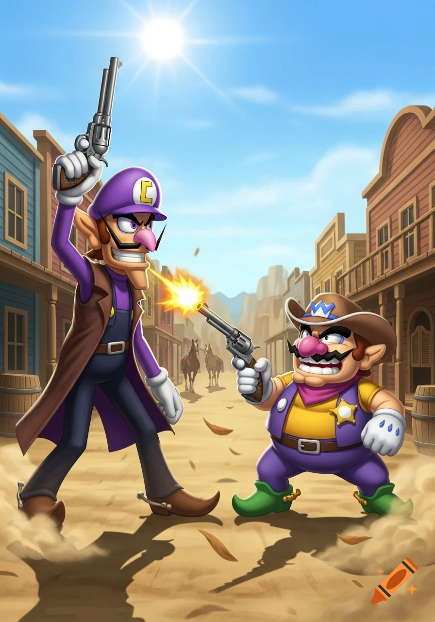 Waluigi and Wario engage in a cartoon Wild West duel, Wario firing a revolver at Waluigi on a dusty street with saloons.