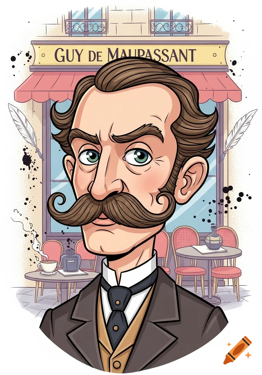 Cartoon portrait of Guy de Maupassant, a man with a large mustache, against a Parisian cafe backdrop with ink splatters and quill pens.