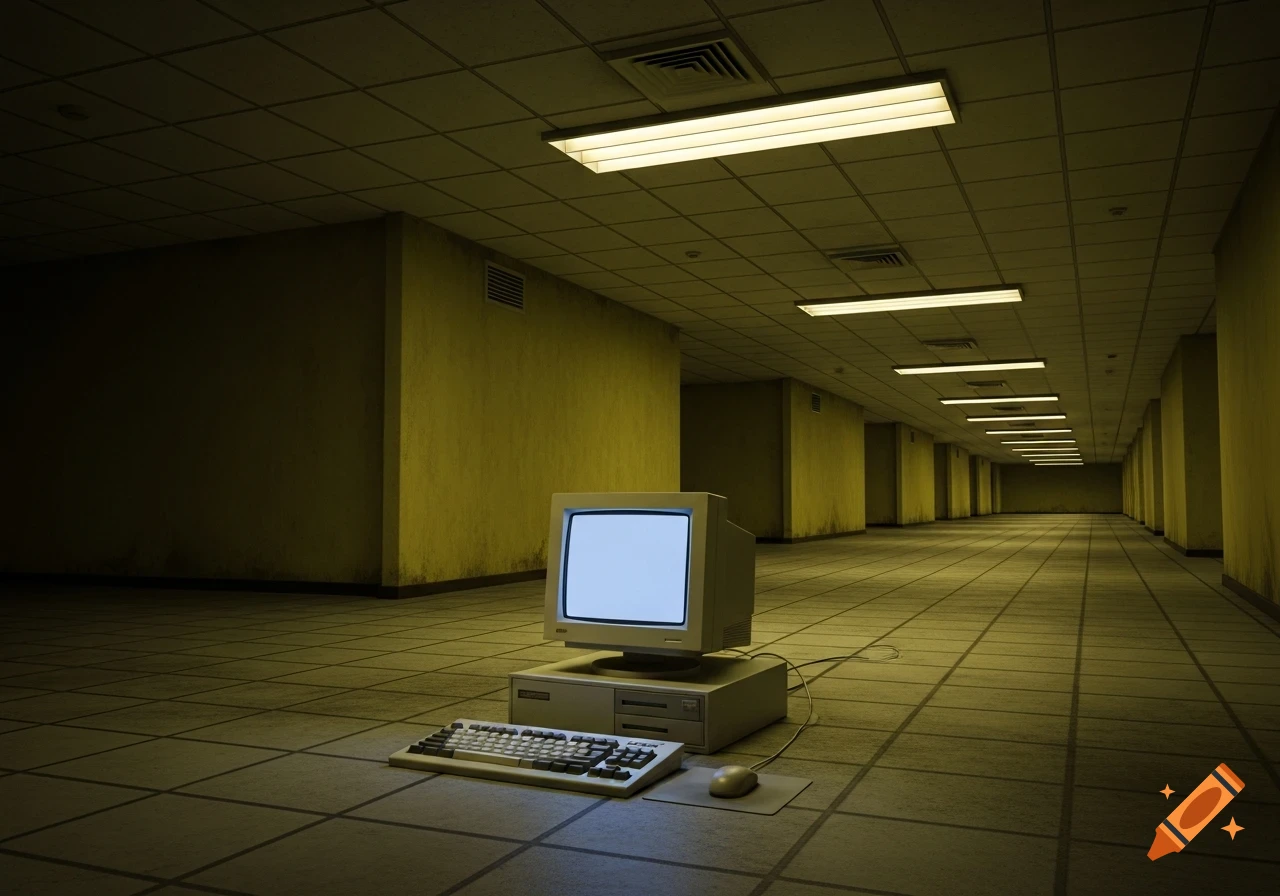 A retro computer sits on a tiled floor in a long, dimly lit, yellow-walled corridor with fluorescent lights on the ceiling.