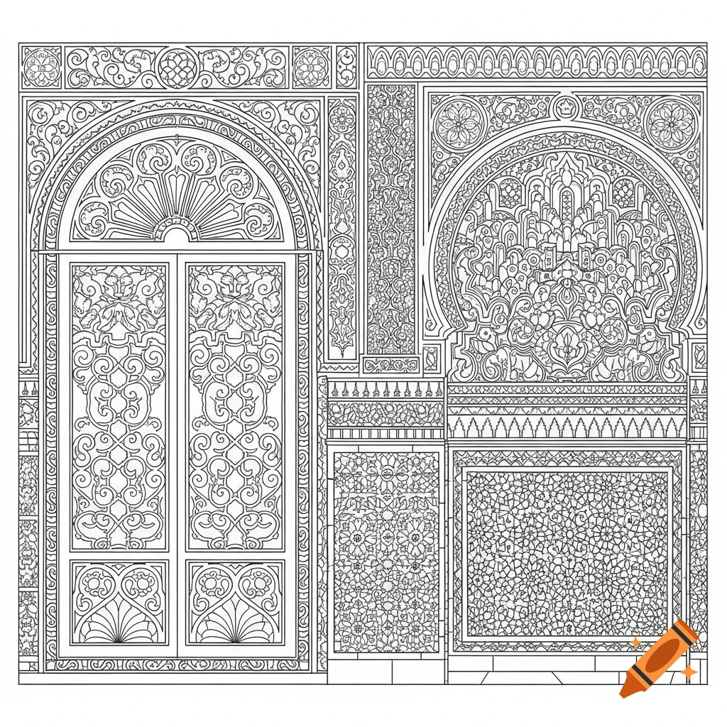 Black and white line drawing of an ornate Moroccan/Baroque architectural facade with an arched doorway and intricate geometric and floral patterns.