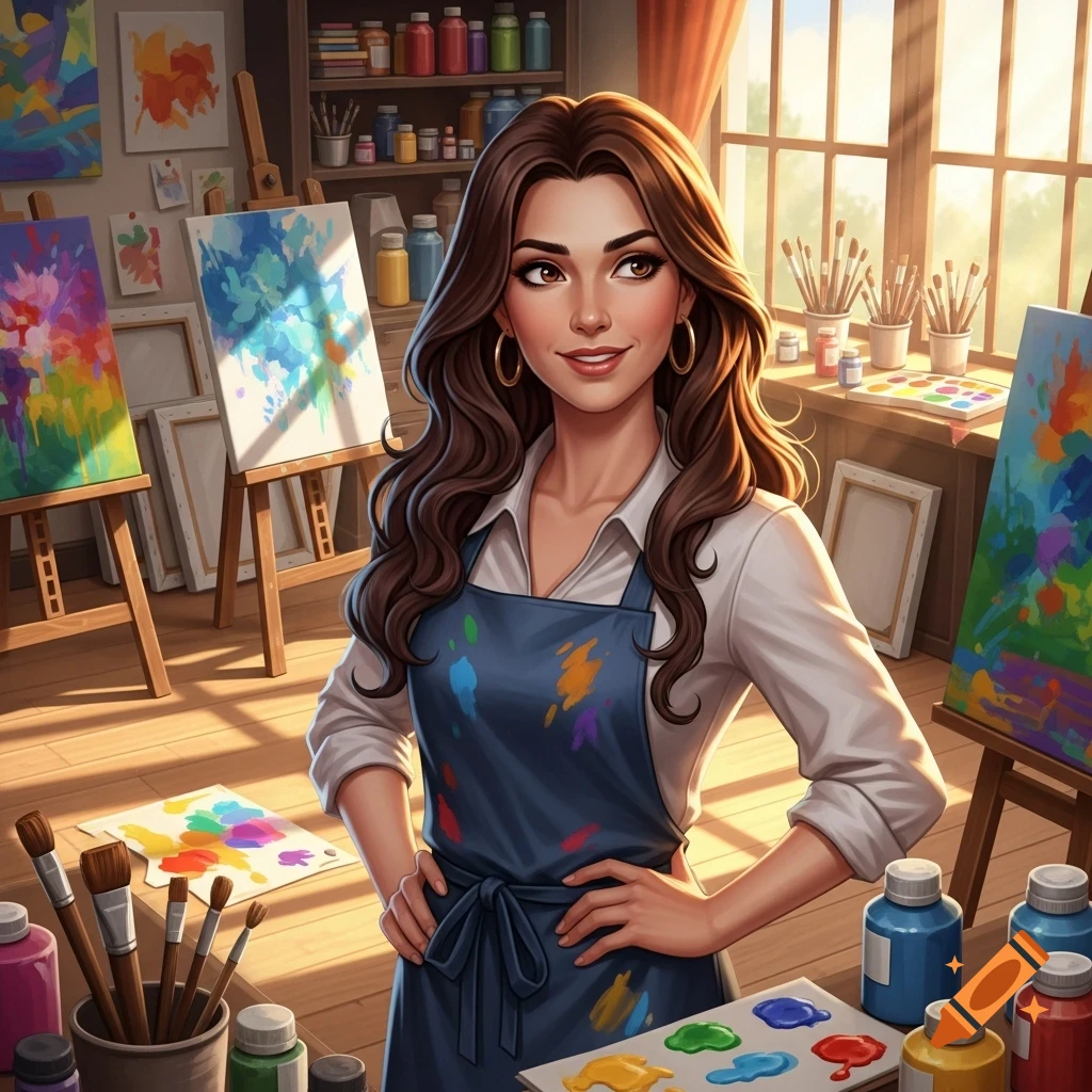 A cartoon-style portrait of a smiling female art teacher with long brown hair, wearing a paint-splattered blue apron, standing in a sunny art studio.