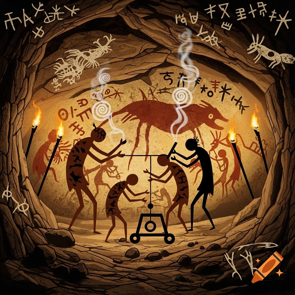 Stylized illustration of a cave painting showing stick figures building a machine in a torch-lit cave with ancient symbols.