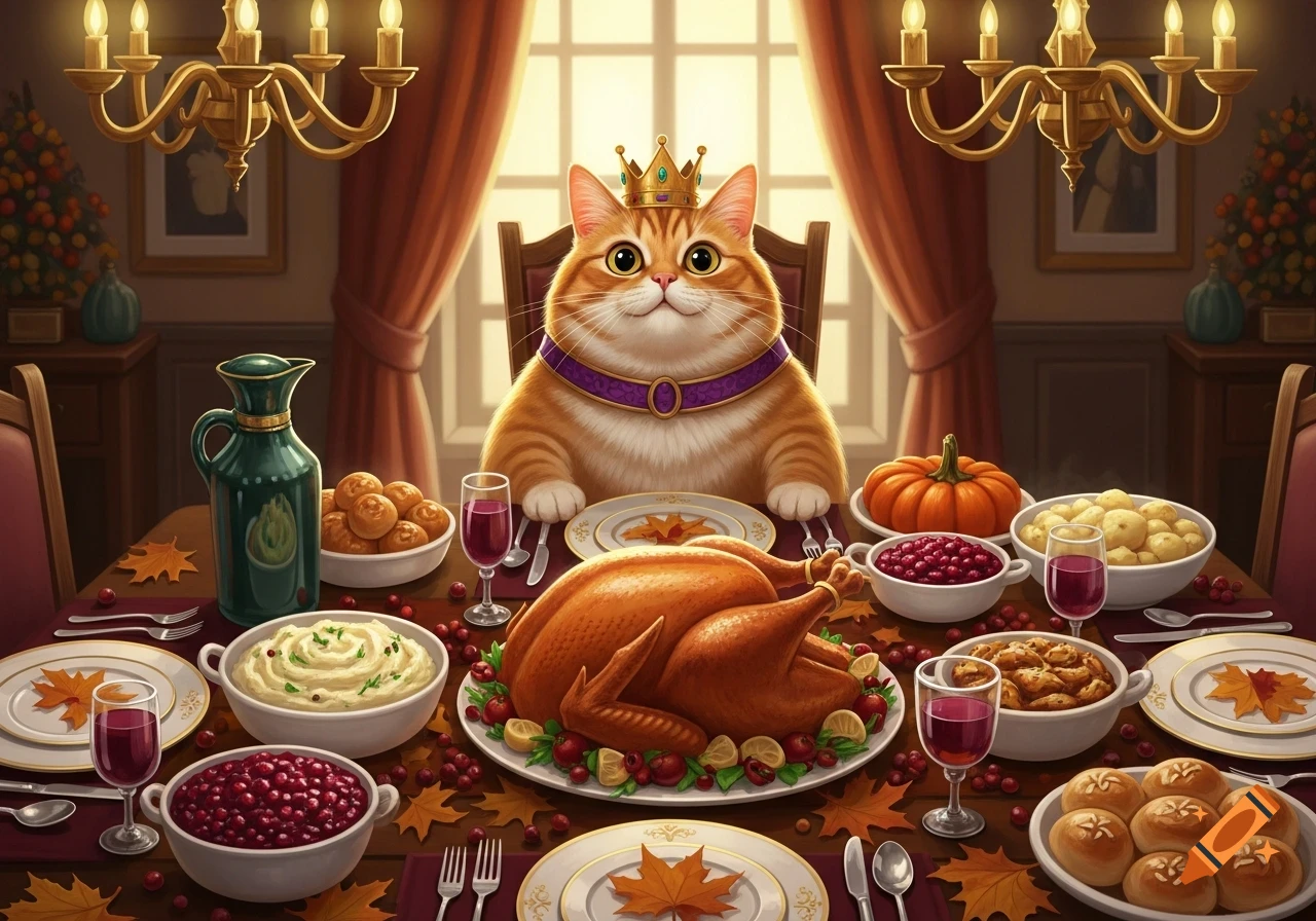 A whimsical orange cat wearing a crown and purple collar sits at a lavish Thanksgiving dinner table with a roasted turkey and festive food.