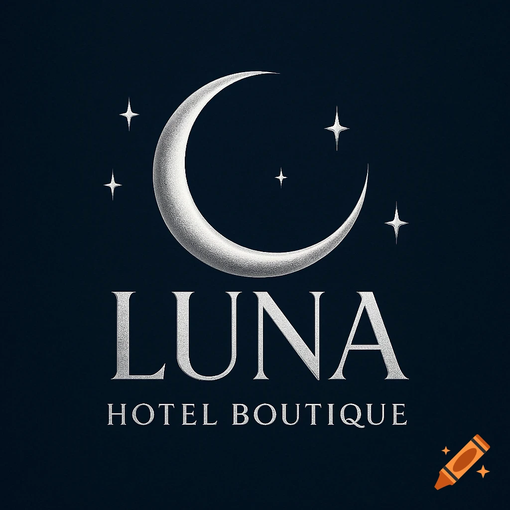 A silver crescent moon and stars above the text 'LUNA HOTEL BOUTIQUE' on a dark blue background, a logo.