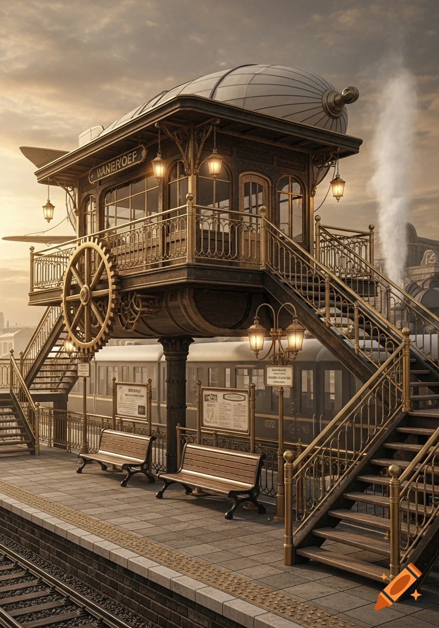 A detailed steampunk train station with an elevated airship platform and stairs leading to a lower railway platform at sunset.