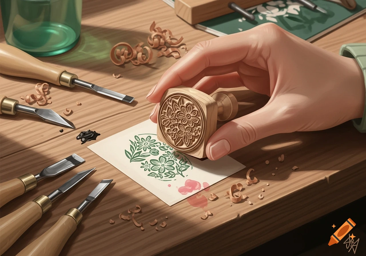 A detailed illustration of a hand holding a carved wooden floral stamp over paper, surrounded by carving tools and wood shavings on a wooden table.