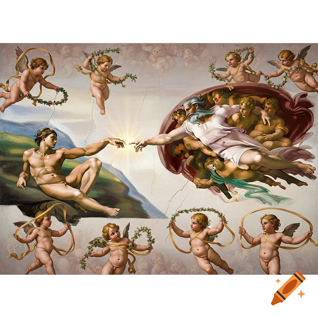 Michelangelo's The Creation of Adam fresco, depicting God and Adam reaching towards each other, surrounded by cherubs.