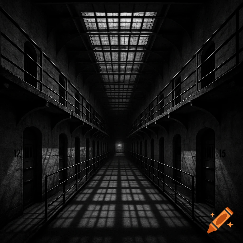 A long, dark black and white prison corridor with cell doors, railings, and shadows from a grid-like ceiling. Light emanates from the far end.