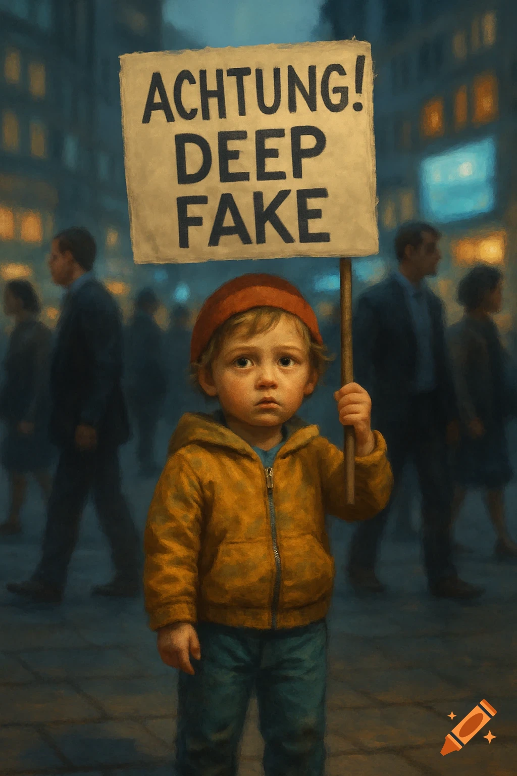 A young child in a yellow jacket and red hat holds a protest sign that reads 'ACHTUNG! DEEP FAKE' on a blurry city street.