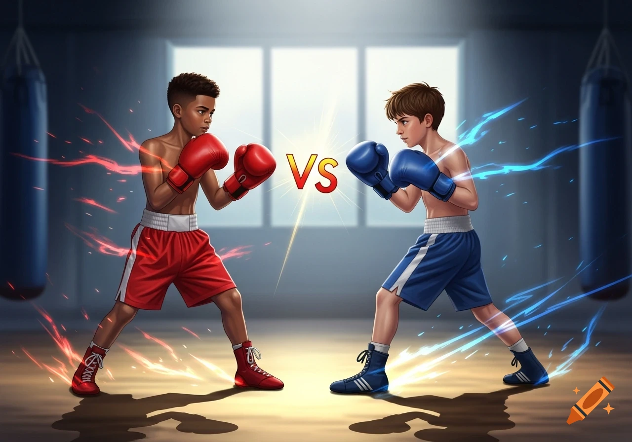 Two cartoon boys, one in red and one in blue boxing attire, face off in a ring with 'VS' between them, surrounded by dynamic glowing effects.