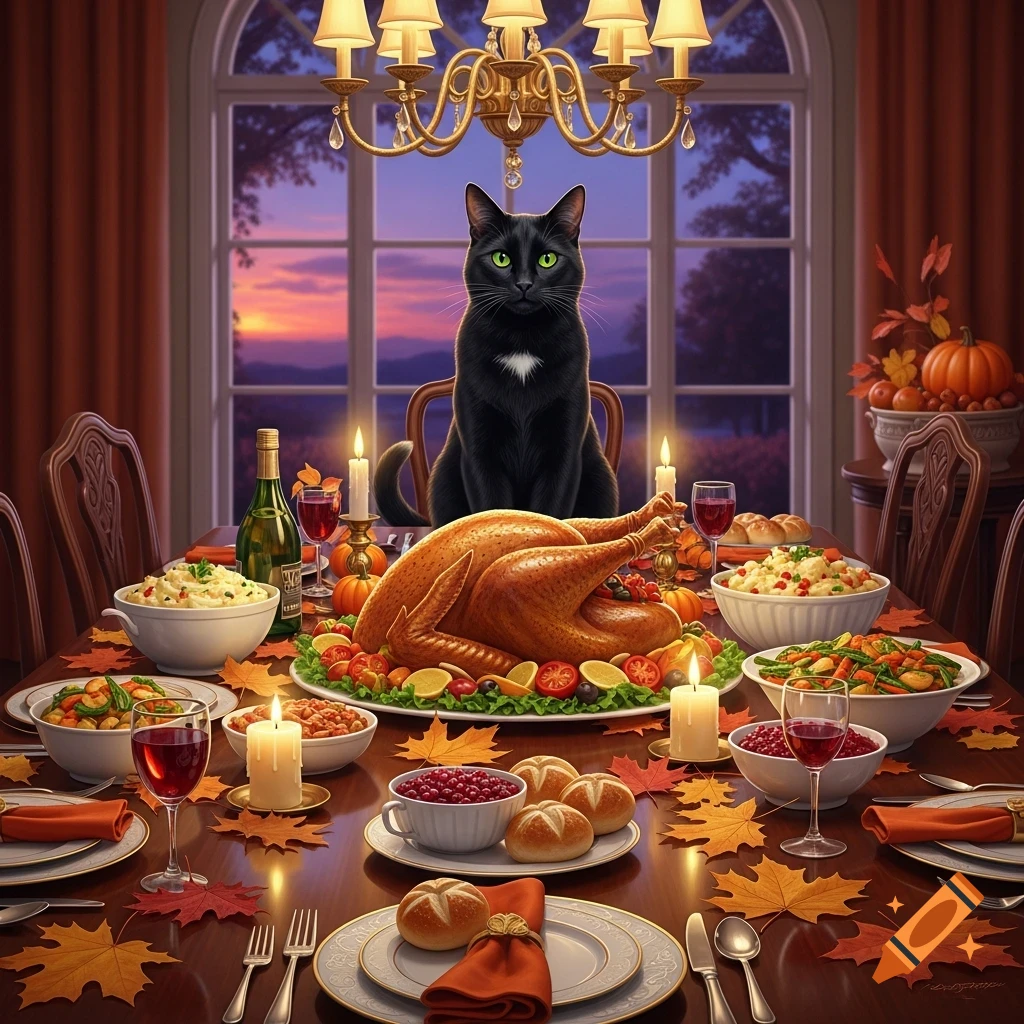 A black cat sits upright at a lavish Thanksgiving dinner table, laden with a roasted turkey, side dishes, and autumn decorations, against a sunset window.