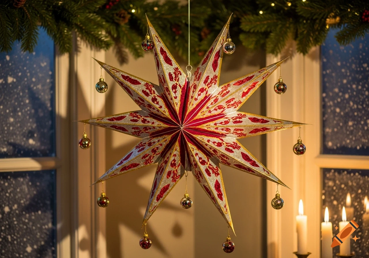 A close-up shot of a red and white glittery Christmas star hanging in a window, with lit candles and snow outside.