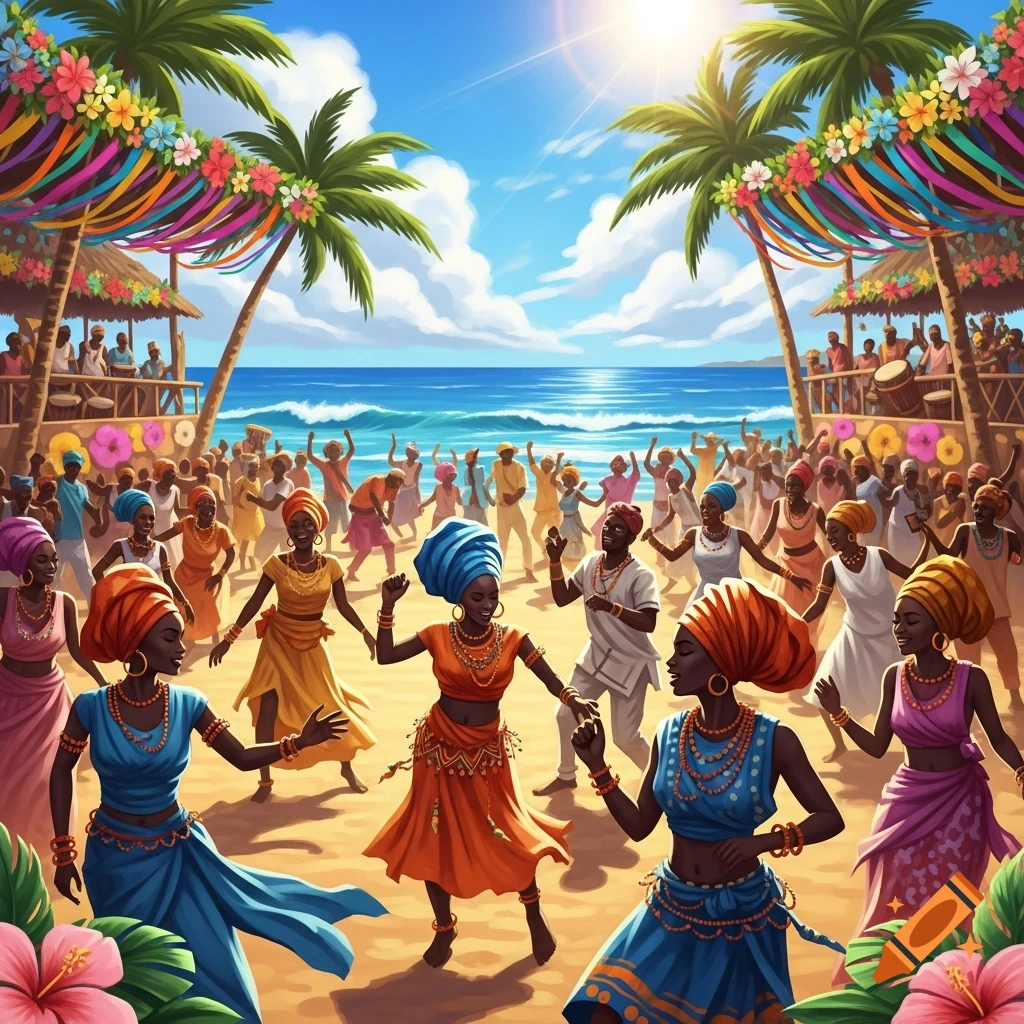 Colorful illustration of African people dancing joyfully on a sunny beach, with palm trees, ocean, and decorated beach club huts in the background.