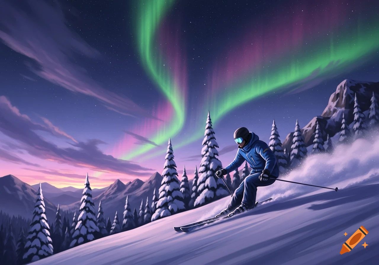 A skier in a blue suit descends a snowy mountain slope at night, under a sky illuminated by green and purple aurora borealis, surrounded by snow-covered pine trees.