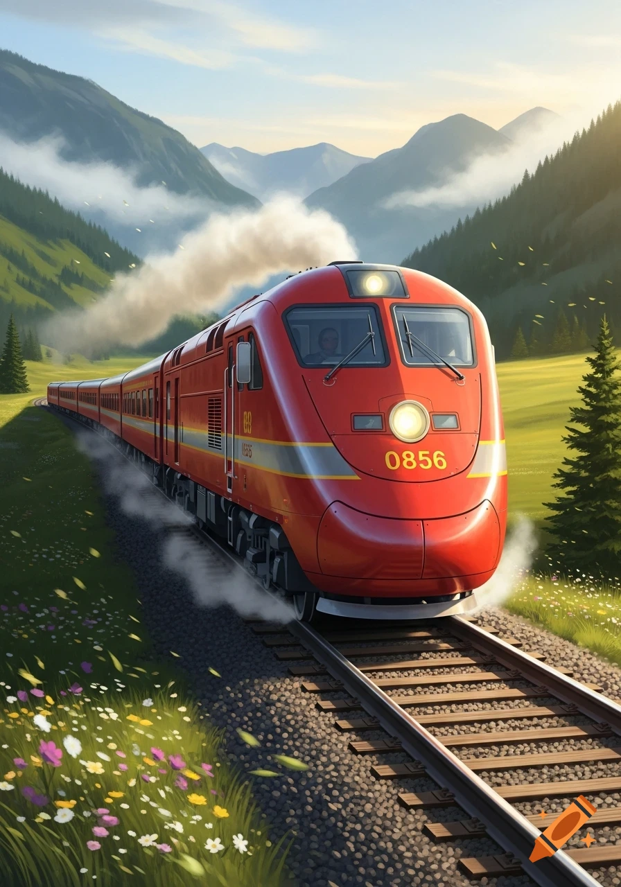 A vibrant red train with yellow stripes travels through a scenic mountain valley, emitting steam, with wildflowers in the foreground.