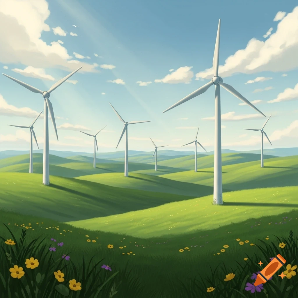An illustrative landscape of a wind farm with several white wind turbines on rolling green hills under a bright blue sky with clouds. Wildflowers are in the foreground.