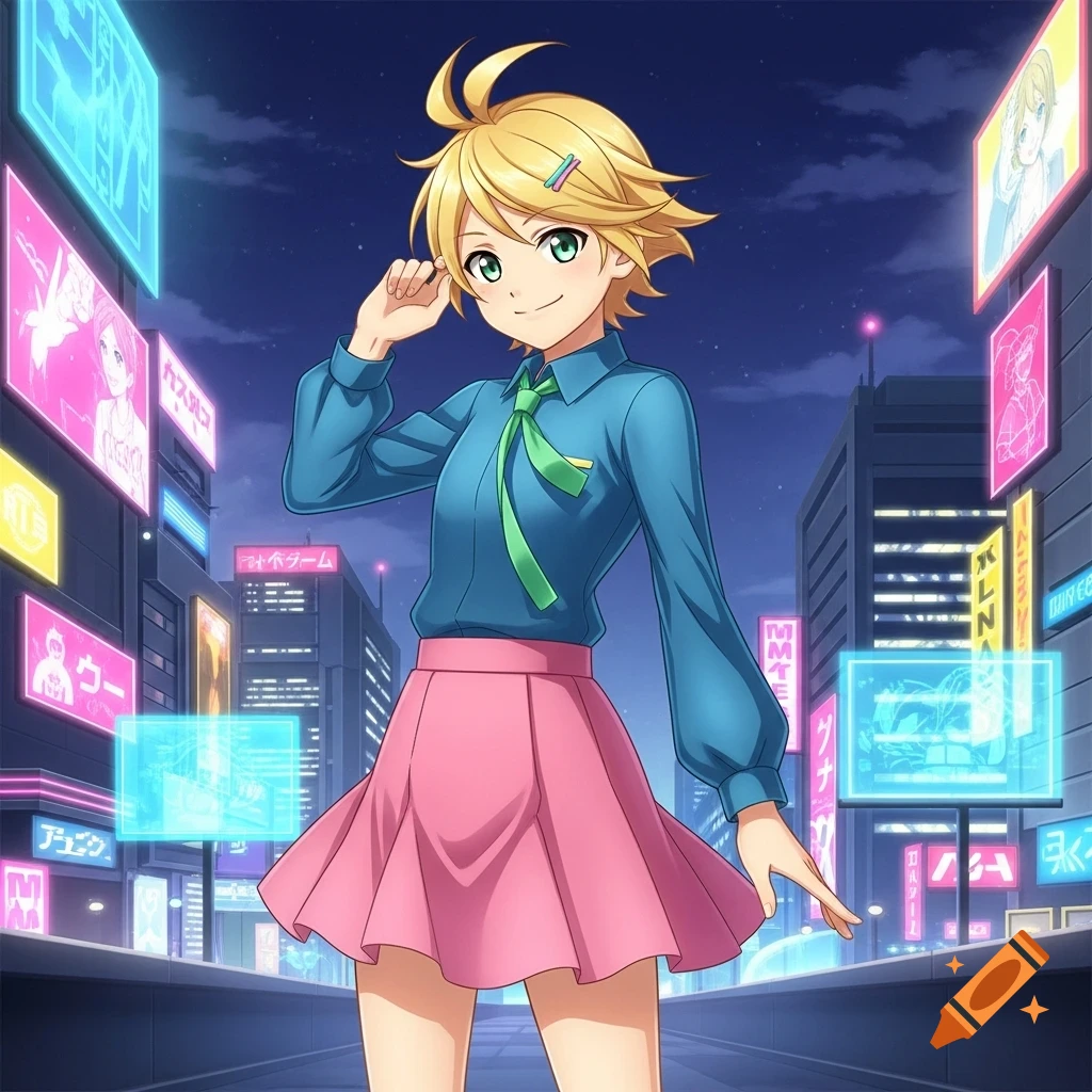 An anime character with short blonde hair and a blue blouse, pink skirt stands in a neon-lit city at night.