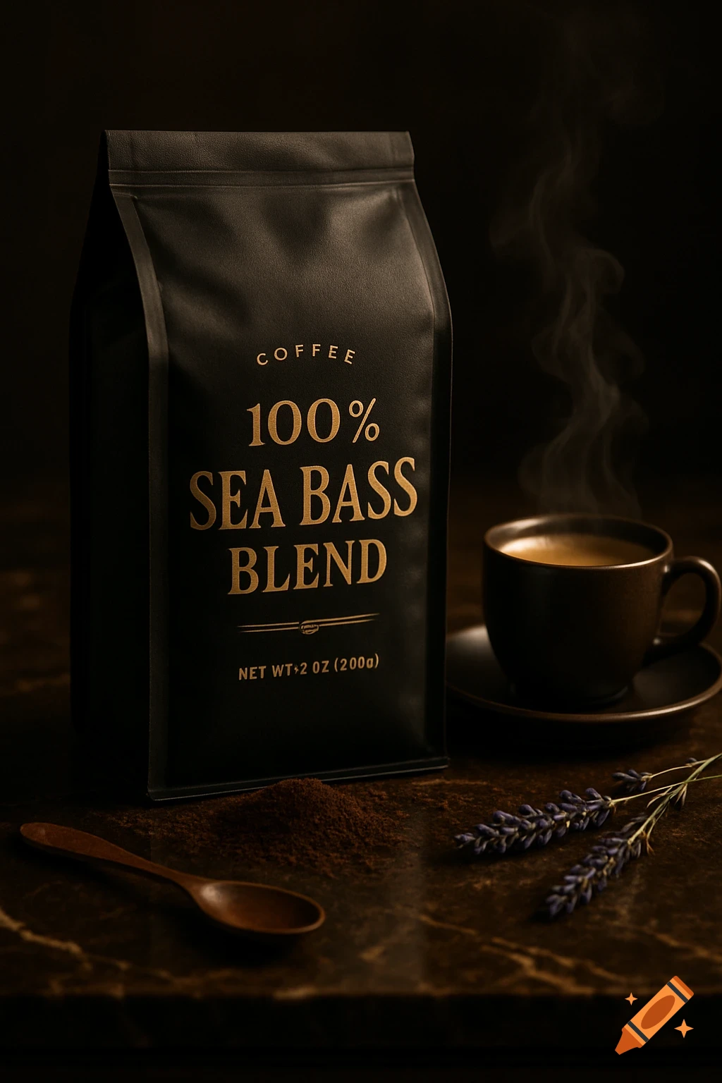 Luxury black coffee bag with '100% Sea Bass Blend' label, a steaming coffee cup, spoon, and lavender sprigs on dark table.