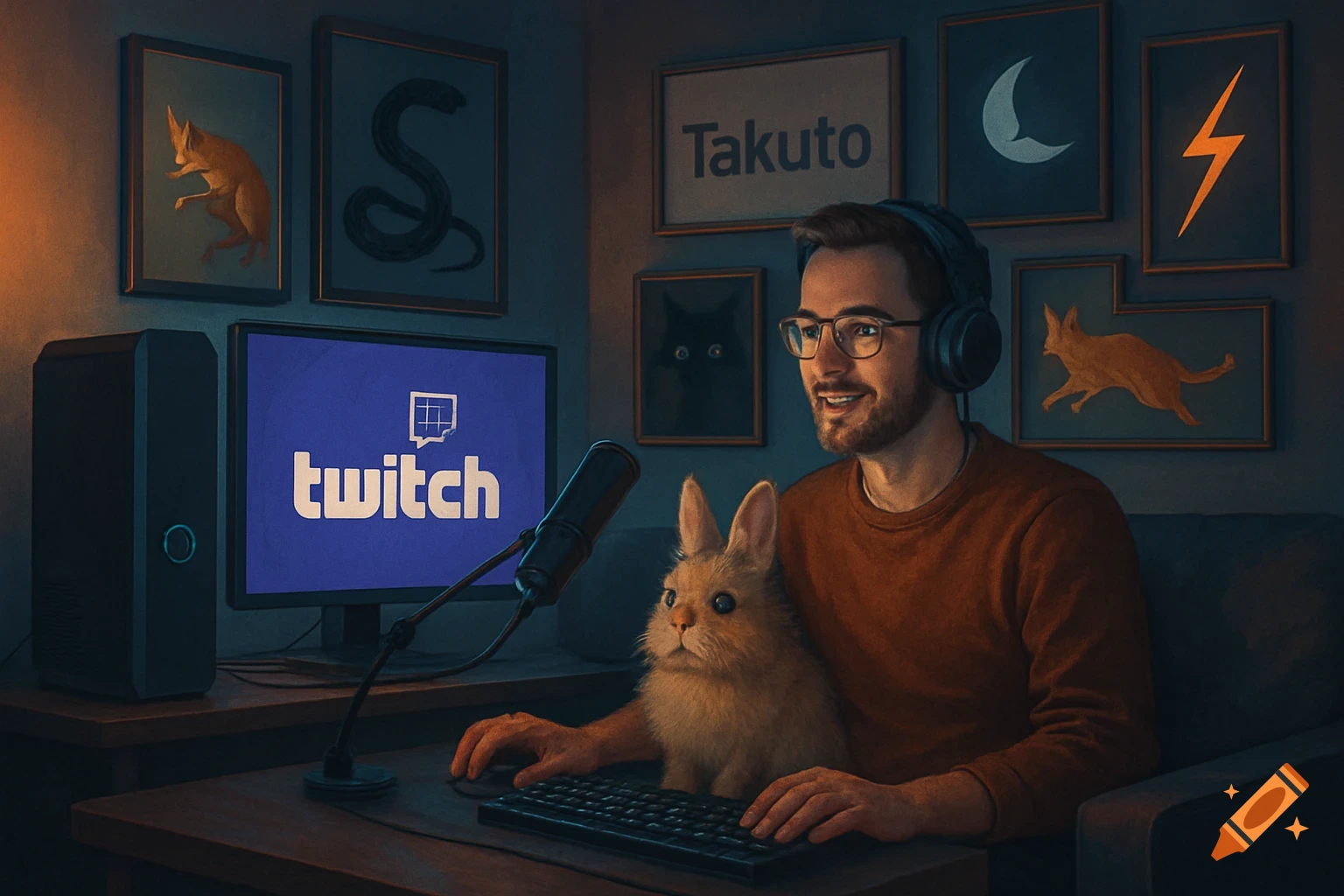 A man in headphones streams on Twitch with a rabbit, surrounded by framed animal art on the wall.