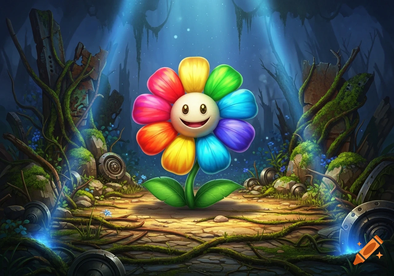A colorful, smiling cartoon flower with a white face and rainbow petals in an enchanted, moss-covered forest with blue lighting.