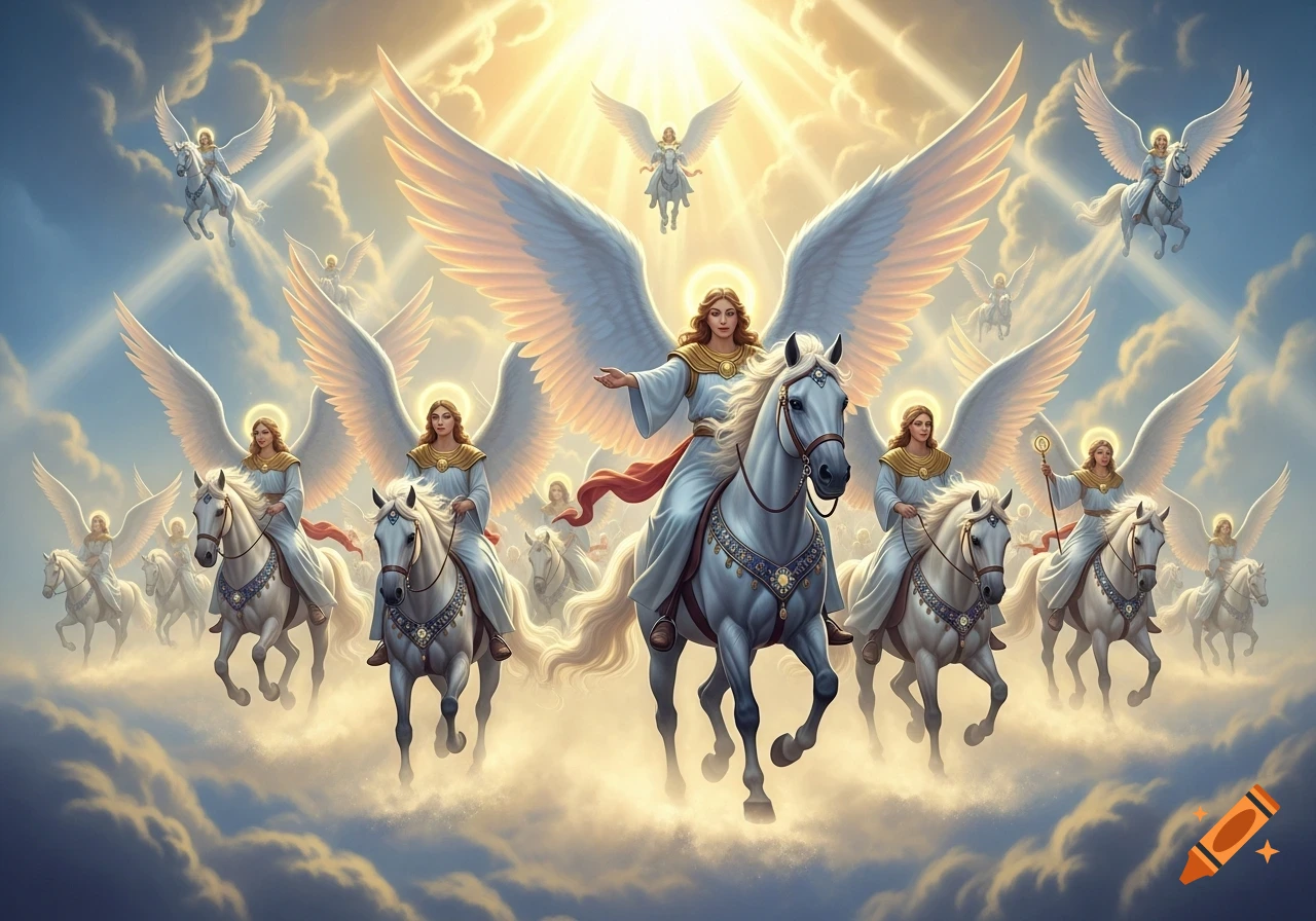 Angels with large wings ride white horses through sunlit clouds in a detailed fantasy art style.