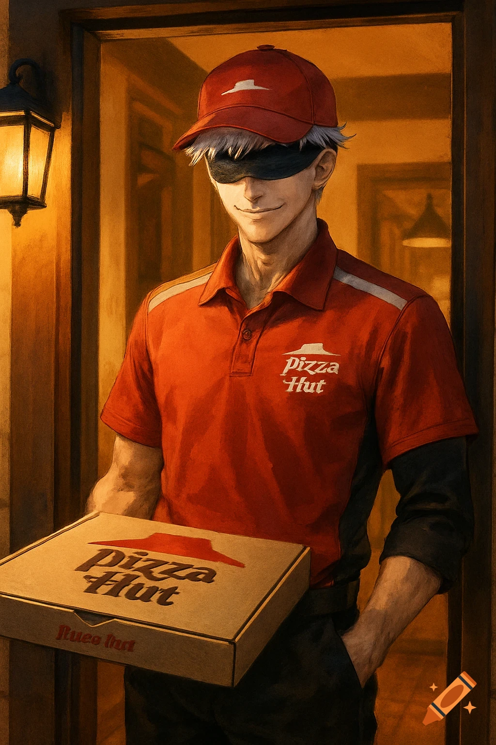 Anime character Satoru Gojo, blindfolded with white hair, in a red Pizza Hut uniform, holding a pizza box in a doorway.