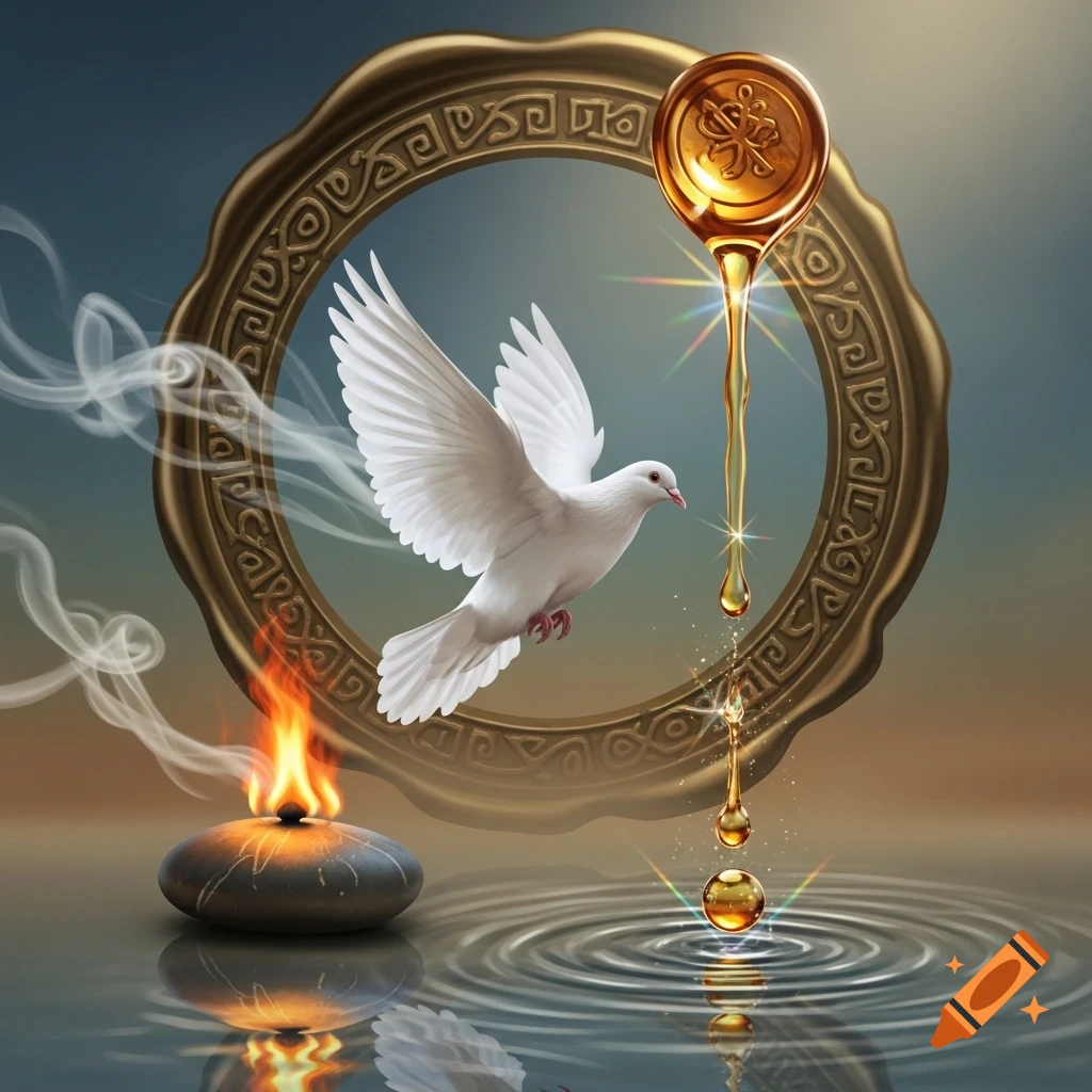 A white dove flies through an ornate golden frame above water. A golden spoon drips liquid, and a small fire burns on a stone.