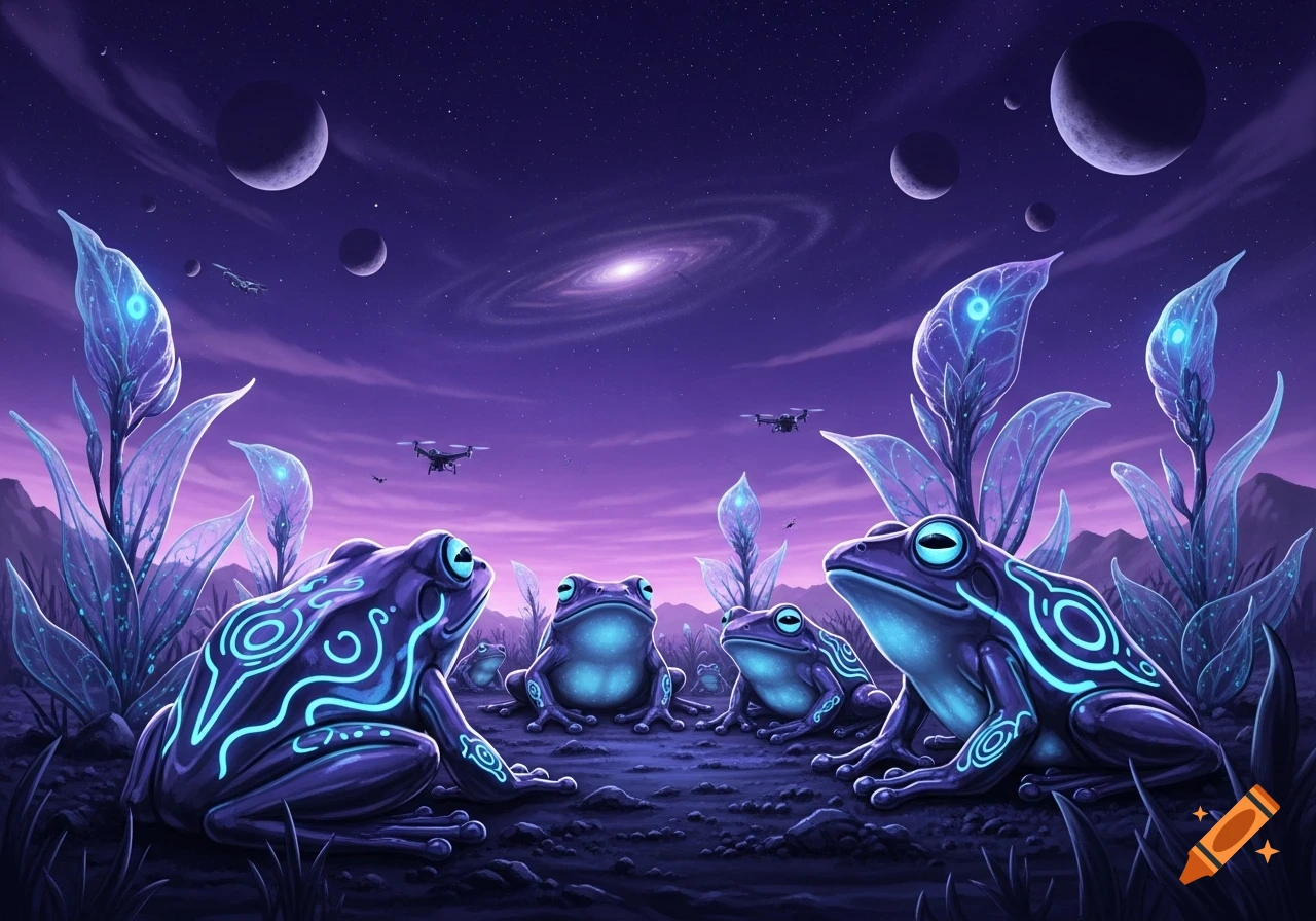Glowing blue-patterned frogs sit on alien ground under a purple night sky with multiple moons, a galaxy, and futuristic plants and drones.