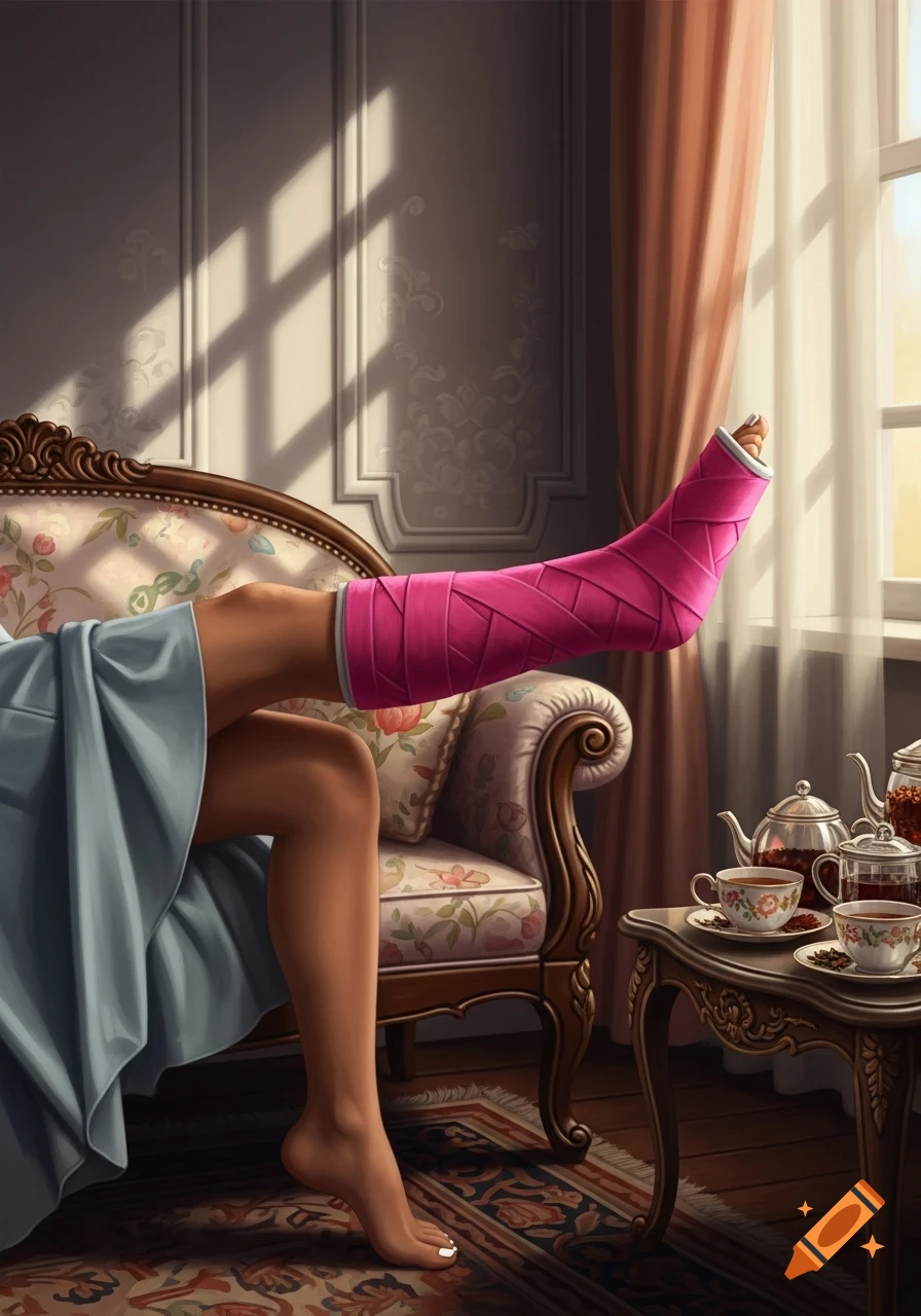 A woman's leg in a pink cast rests on an ornate floral sofa in a sunlit room, with her bare foot and tea service nearby, in an illustrative style.