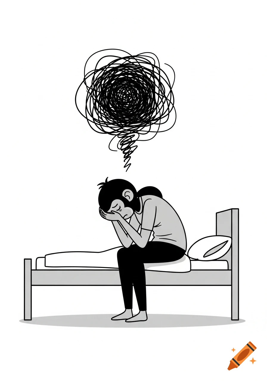 Stylized cartoon illustration of a distressed person with a tangled scribble cloud above their head, sitting on a bed.