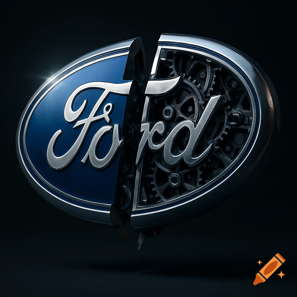 A photorealistic Ford logo, split vertically, showing the classic blue emblem on one side and intricate mechanical gears on the other.