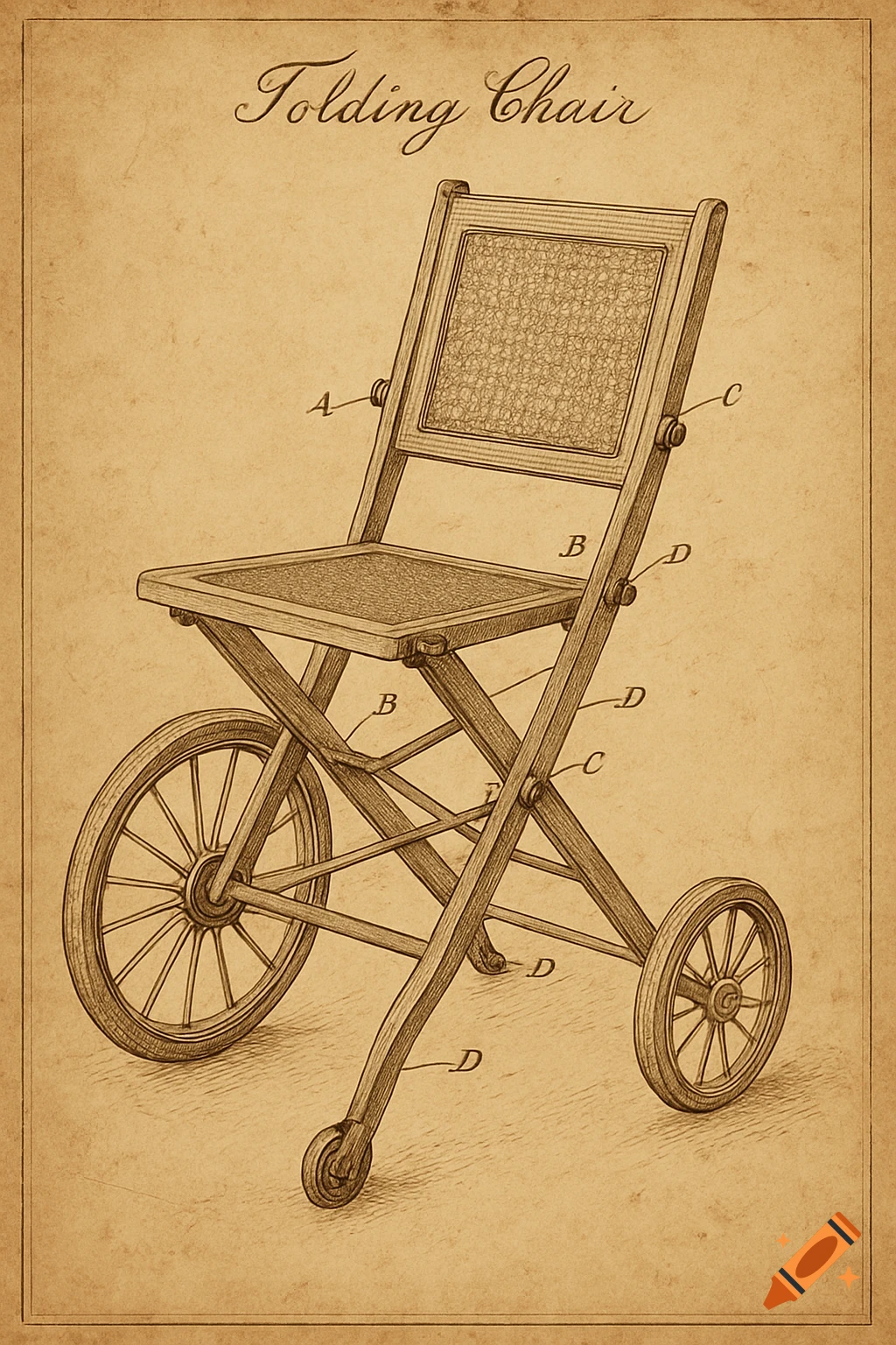 An old patent schematic of a folding chair with large wheels on the front legs and smaller casters on the back, labeled.