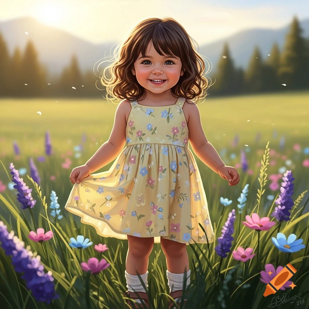 A smiling young girl with brown curly hair in a yellow floral dress ...