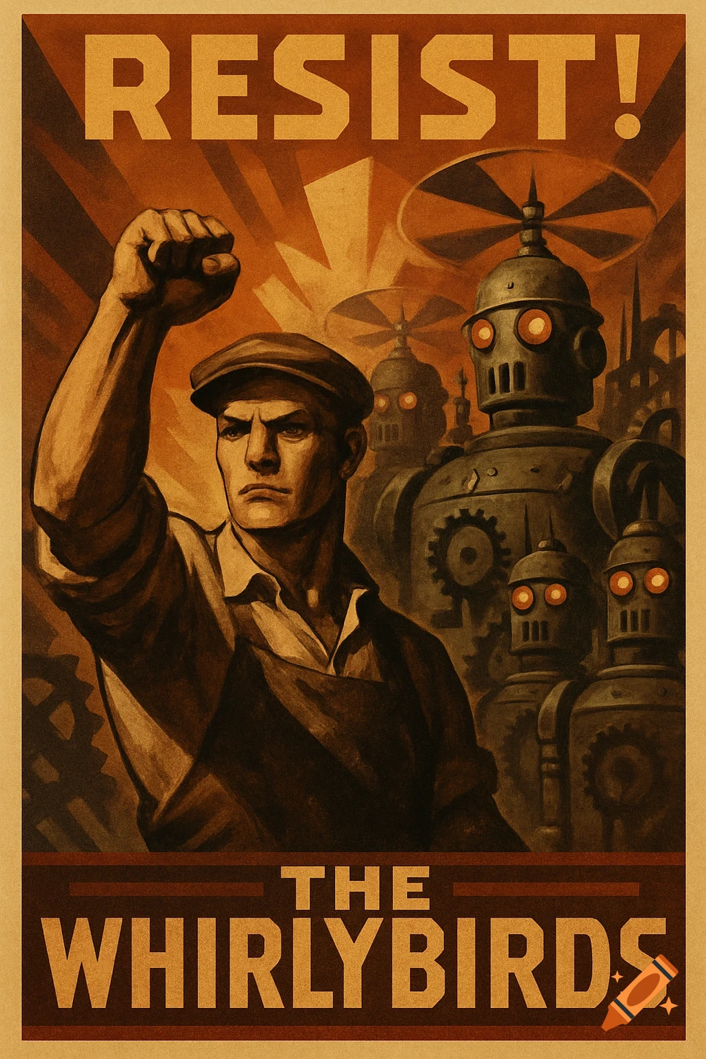 1930s propaganda poster: a man with a raised fist, resisting robots. Text: 'Resist! The Whirlybirds'.