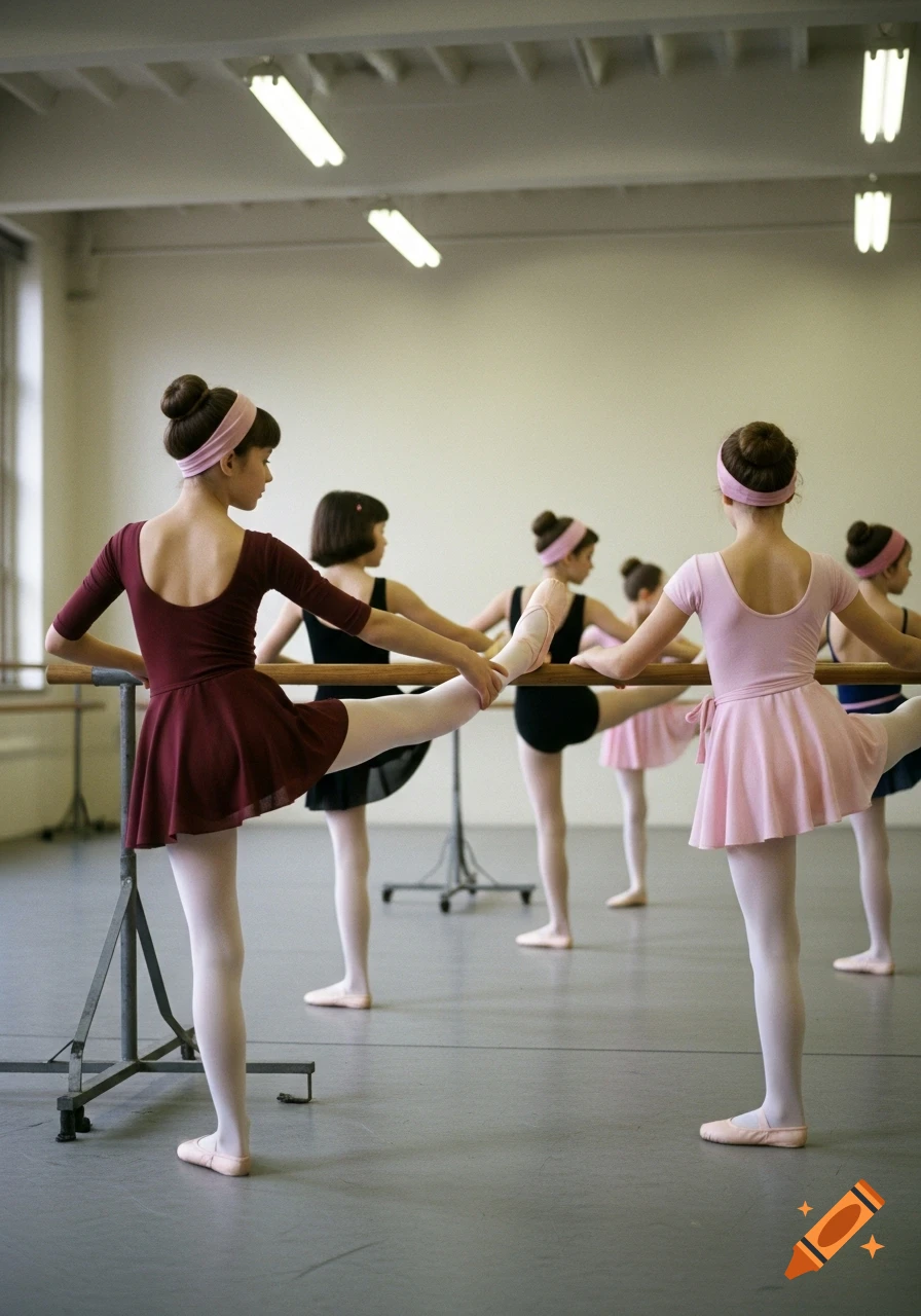 Several young girls in leotards practice ballet at the barre in a dance studio, stretching their legs.