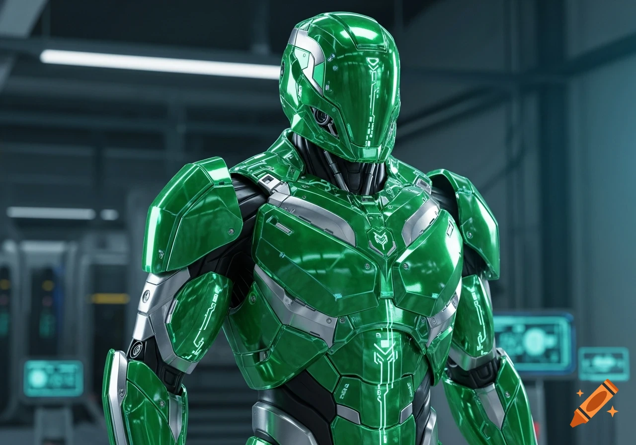 A shiny green and silver futuristic armored suit stands in a science fiction setting.
