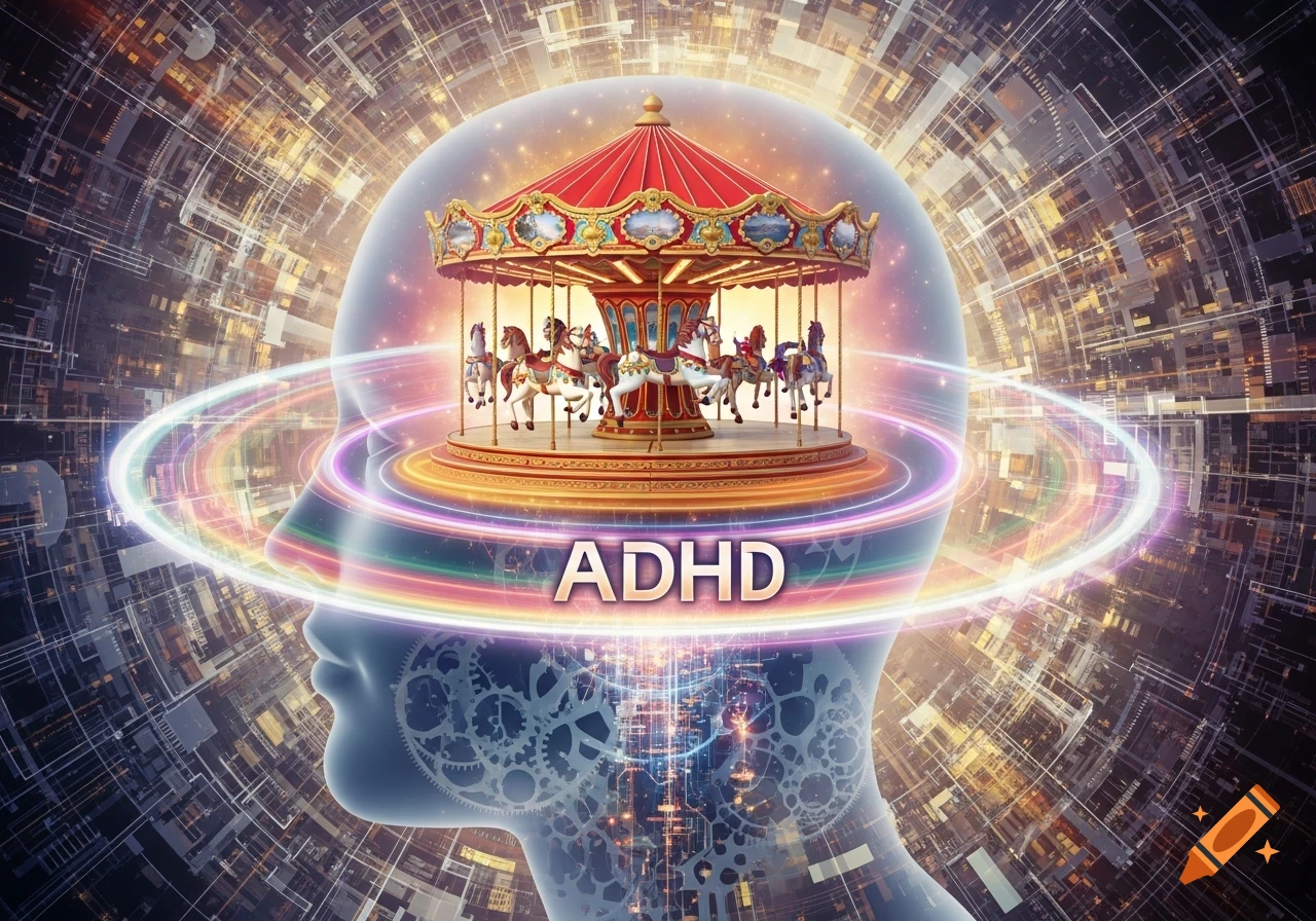 A stylized profile of a human head with a carousel inside, glowing rings, circuit patterns in the background, and 'ADHD' text below.