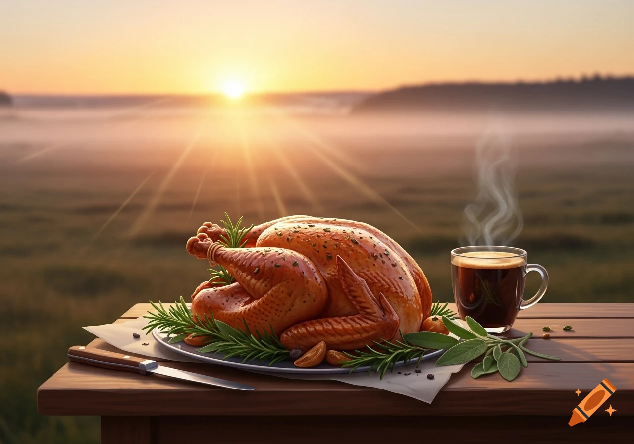 A roasted turkey dinner with fresh herbs and a steaming mug of coffee on a wooden table, set against a vibrant sunrise over a misty field.
