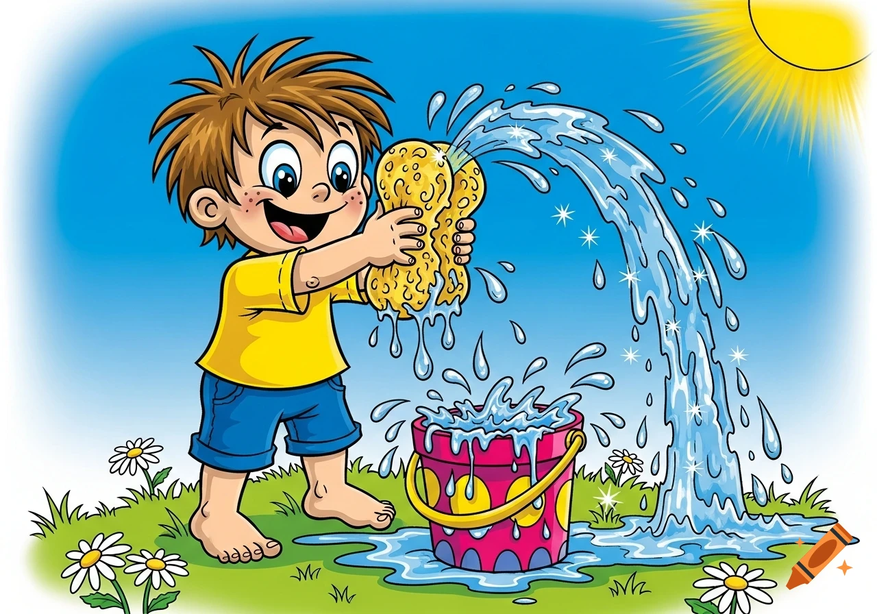 A happy cartoon boy in a yellow shirt and blue shorts squeezes a yellow sponge, making water splash into a pink bucket on a grassy lawn with daisies under a sunny blue sky.